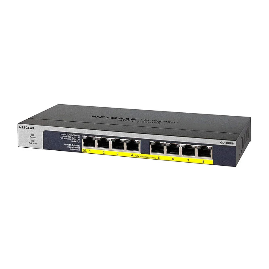 NETGEAR GS108PP 8-Port Gigabit Unmanaged High-power PoE+ Switch with FlexPoE (123W)