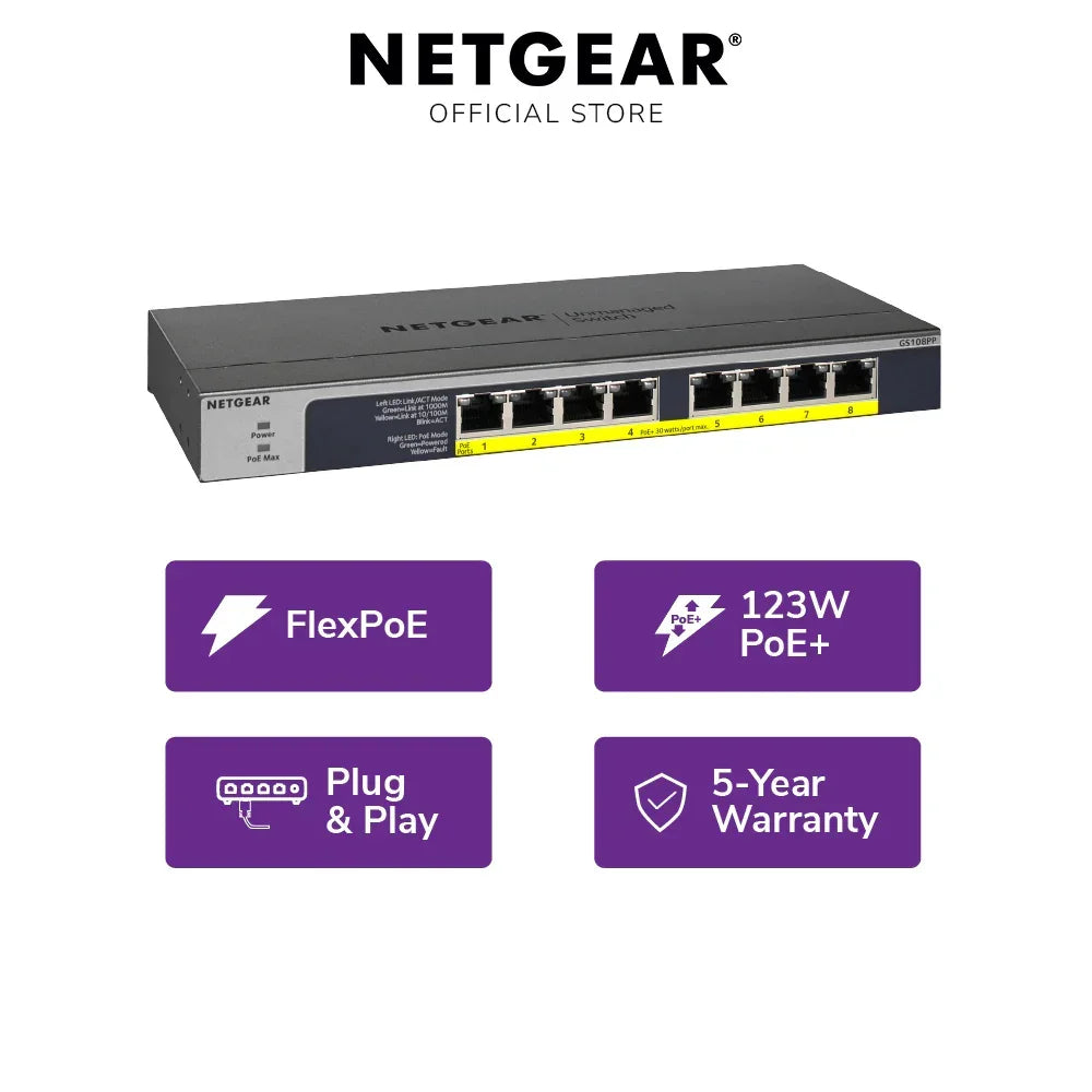 NETGEAR GS108PP 8-Port Gigabit Unmanaged High-power PoE+ Switch with FlexPoE (123W)