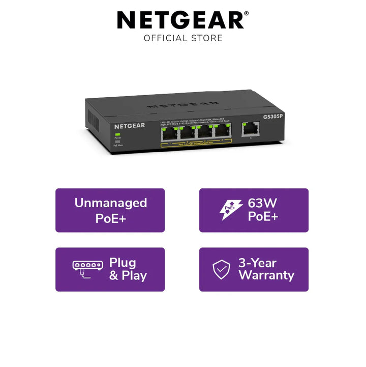 NETGEAR GS305P 5-Port Gigabit Unmanaged PoE Desktop Switch (63W)